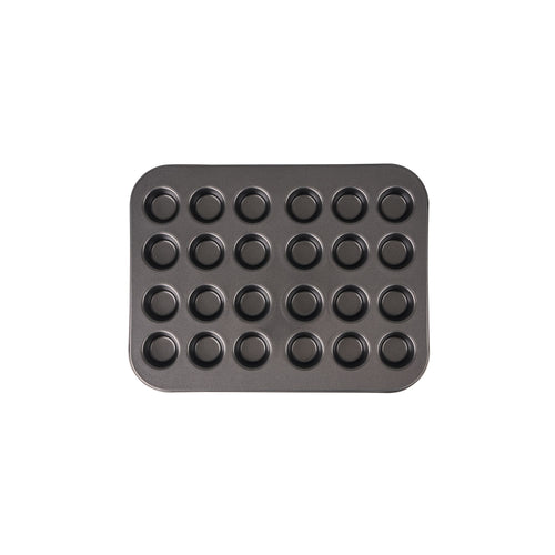 24-cup mini muffin pan with 24 round nonstick-style cavities, dark gray metal.