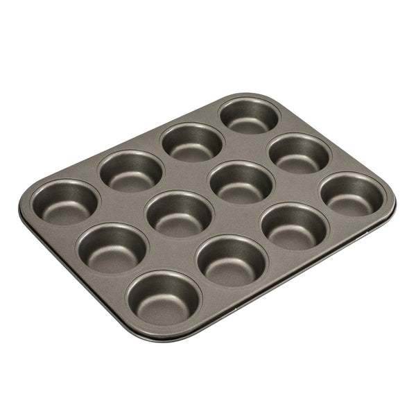 12-cup muffin pan with 12 round cups, silver-gray metal tray