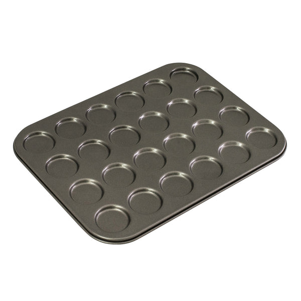 Mini macaroon baking pan with 24 round cavities, gray metal tray
