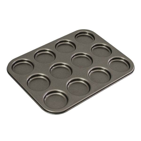 12-cup macaroon baking pan with 12 round cavities, nonstick dark gray steel tray