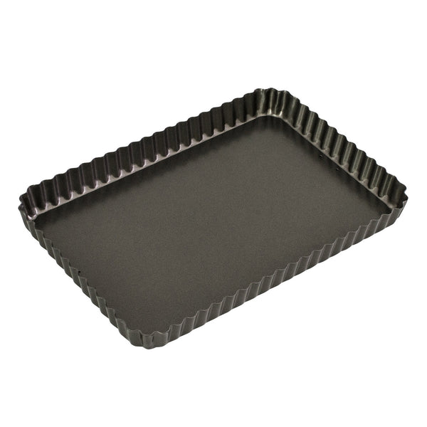 Rectangular flan tin with ridged fluted edges, dark nonstick interior