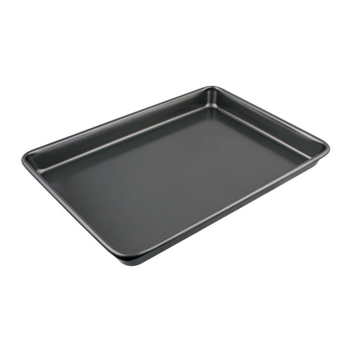 Non-stick baking slice pan, dark gray carbon steel with rounded corners and shallow sides