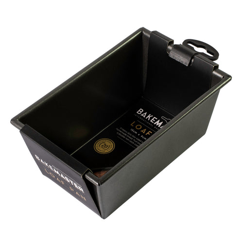Non-stick loaf pan with BakeMaster label, box sided dark gray steel