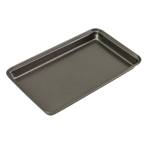 Non-stick brownie pan, dark metal rectangular tray with raised rim