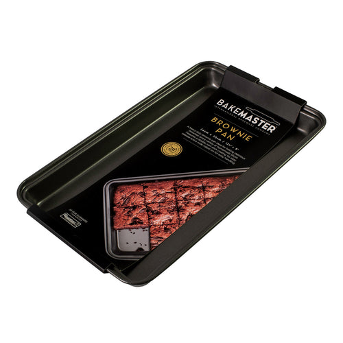 Non-stick brownie pan tray with label and brownie sample inside