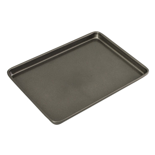 Rectangular non-stick baking tray, dark grey with low sides and rounded corners