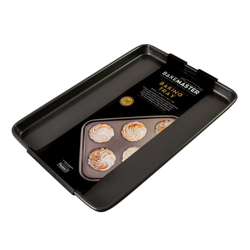Rectangular non-stick baking tray with packaging insert, dark grey, low raised rim