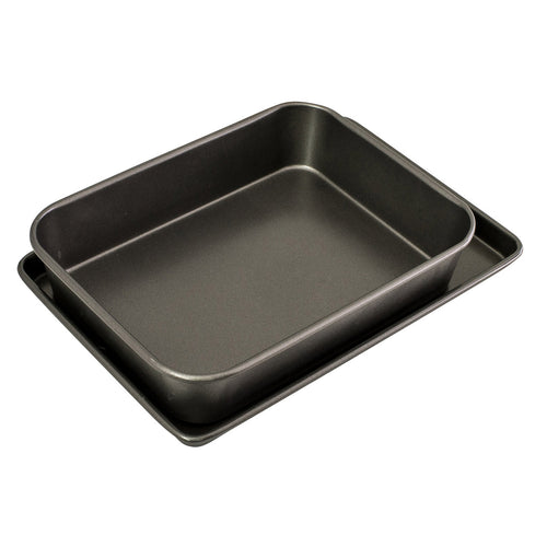 Twin pack non-stick roasting pan and oven tray, dark rectangular design