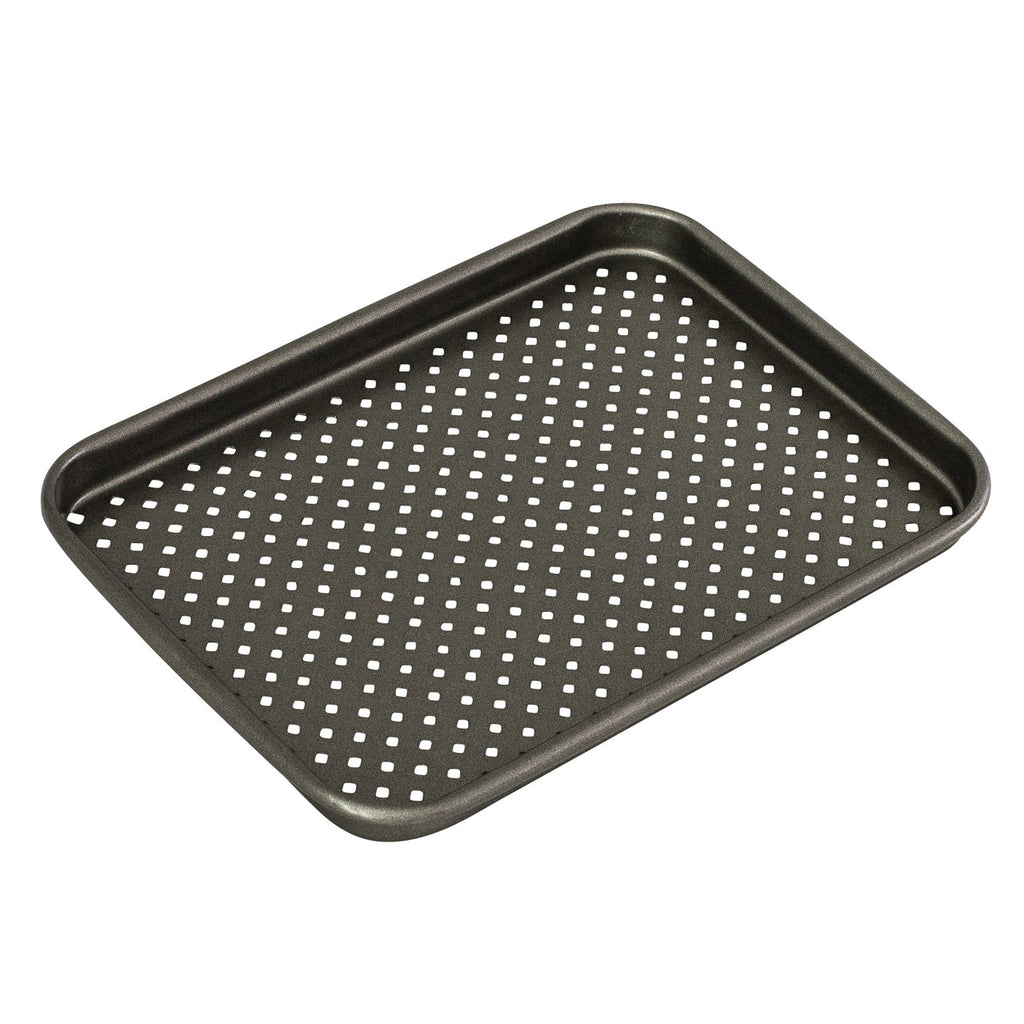 Perforated non-stick baking tray with raised rim, dark gray