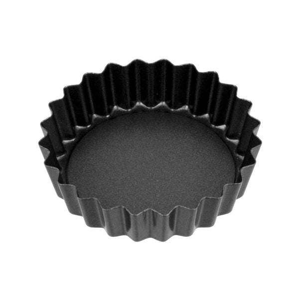 Dark grey loose base quiche pan with fluted rim and flat insert base
