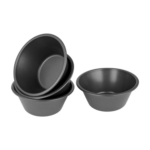 Set of four non-stick deep pie dishes, nested black metal pans