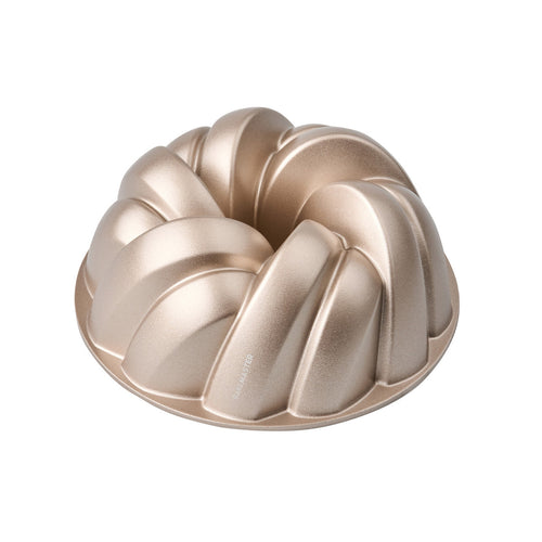 Champagne gold braided fluted ring cake pan with central hex insert, nonstick