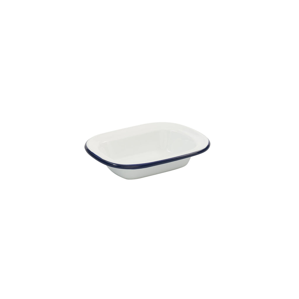 Enamel rectangular pie dish, white interior with dark blue rim, shallow baking pan