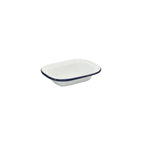 Enamel rectangular pie dish, white interior with dark blue rim, shallow baking pan