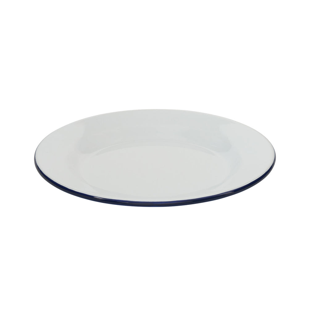 Enamel entrée plate 25 cm, glossy white interior with dark blue rim