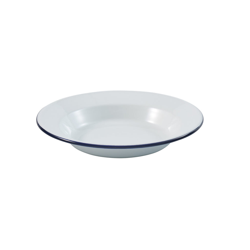 Enamel deep soup plate, white with navy rim