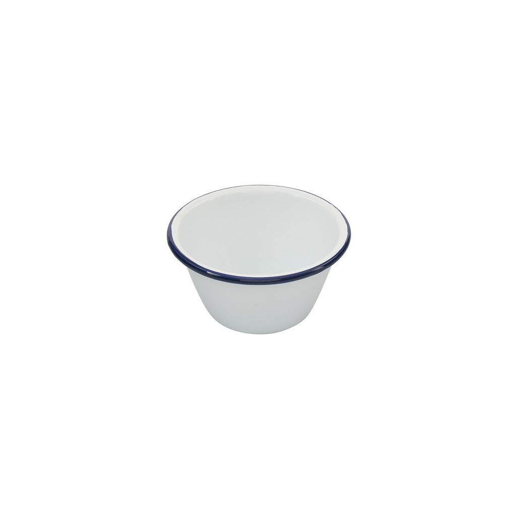 Enamel pudding bowl, white with blue rim, 13.5 x 6.5 cm