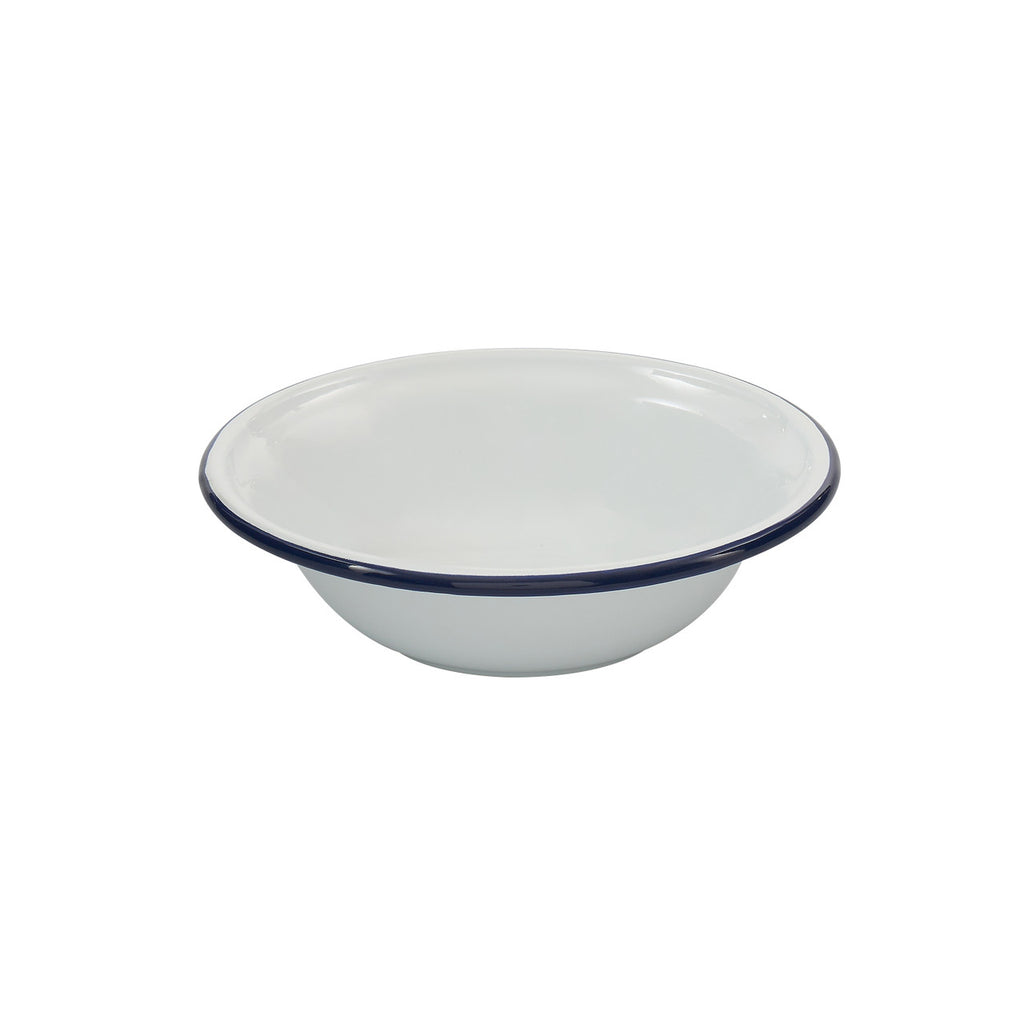 Enamel cereal bowl with white body and dark blue rim, glossy finish