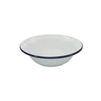 Enamel cereal bowl with white body and dark blue rim, glossy finish