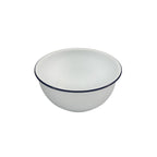 Enamel mixing bowl with dark rim, white interior and exterior