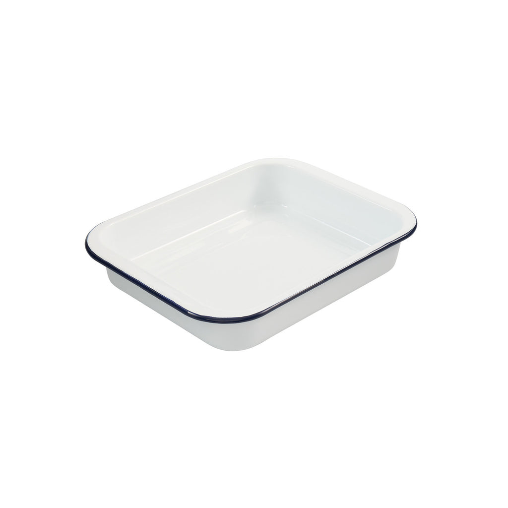 Enamel bake and roast pan with white interior and dark blue rim, 29×22 cm