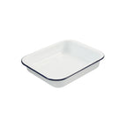 Enamel bake and roast pan with white interior and dark blue rim, 29×22 cm