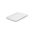 White enamel oven tray with dark blue rim, rectangular baking dish.