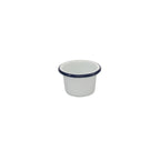 White enamel sauce bowl with navy blue rim, shallow round design