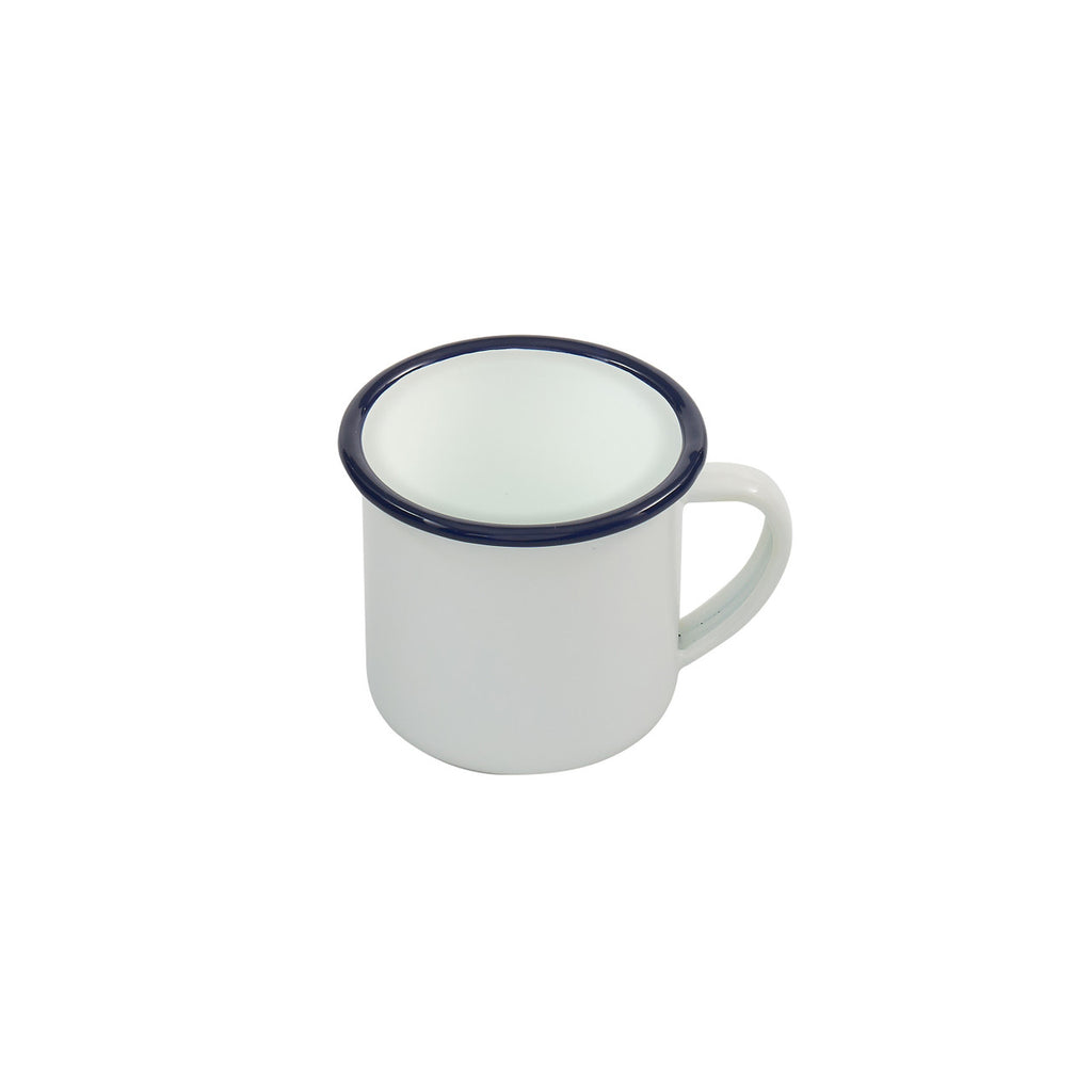White enamel mug with blue rim and handle, single cup view
