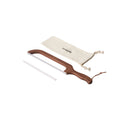 Sourdough bread knife with serrated blade, wooden handle, and fabric storage pouch.