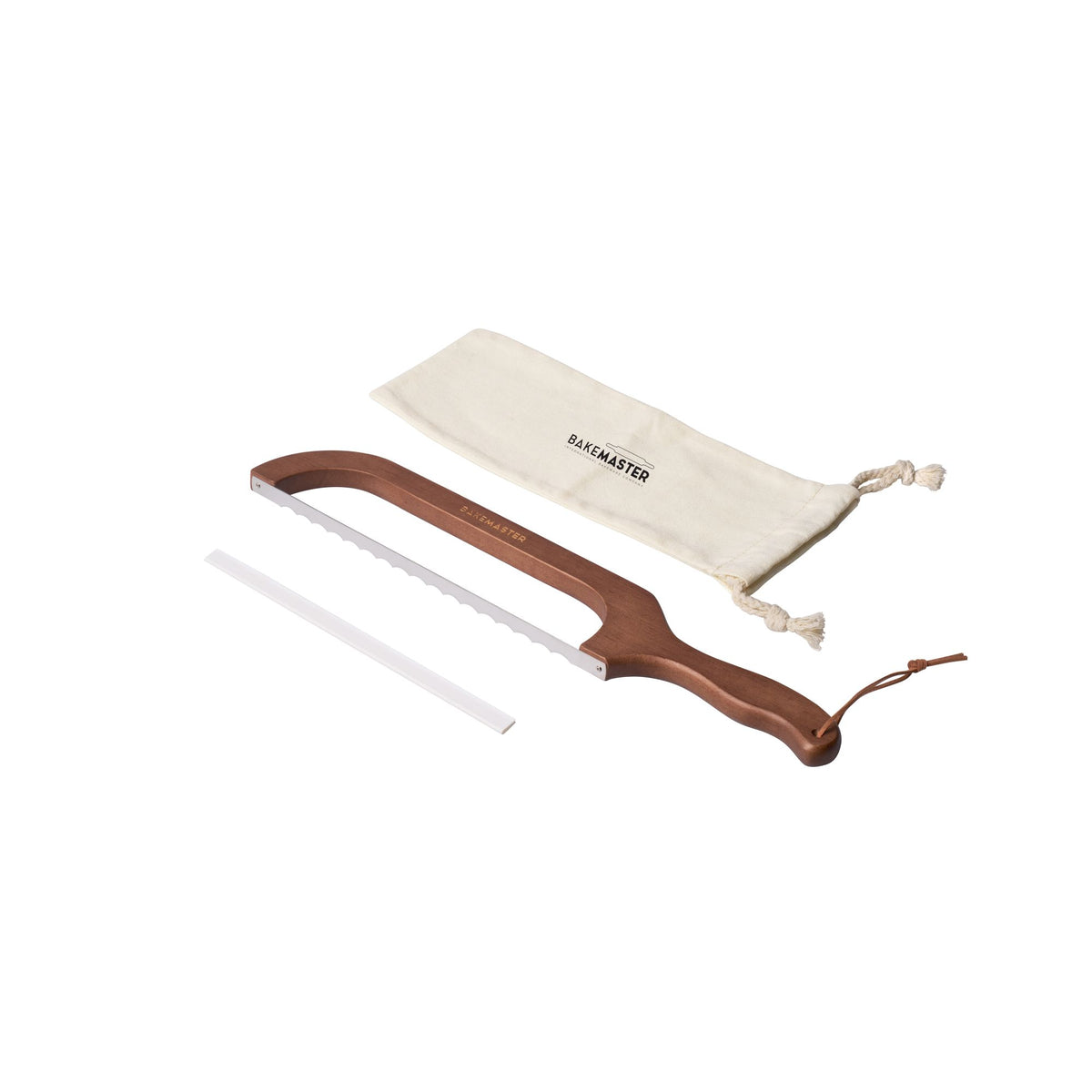 Sourdough bread knife with serrated blade, wooden handle, and fabric storage pouch.
