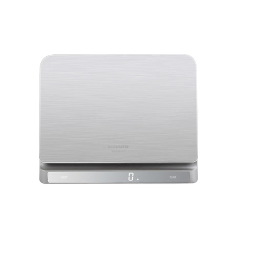Grey kitchen scale with digital display and brushed metal platform