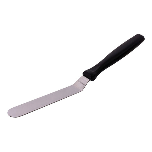 Cranked palette knife with black handle and angled stainless blade